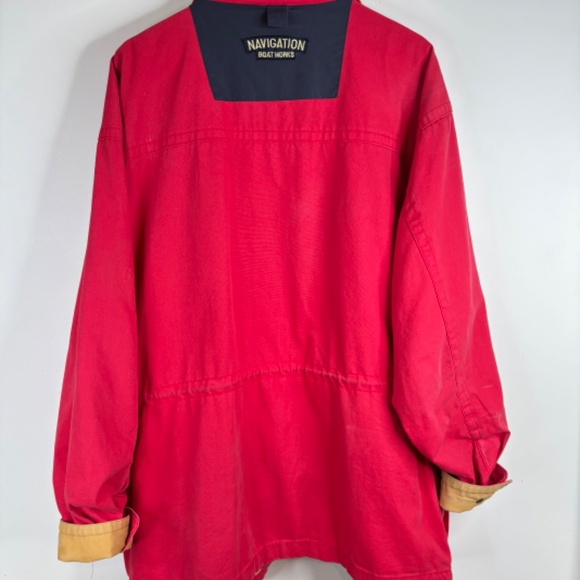 VTG 90s Boat Works Fisherman Chore Coat L Red Stripe Nautical Yacht Sailing Barn - Picture 10 of 16